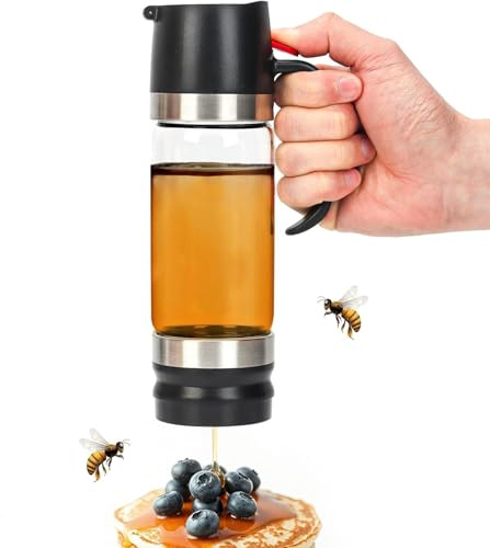 Syzplnwy Distributeur de miel en verre 350 ml – Bec verseur anti-goutte avec poignée et base antidérapante – Récipient en verre polyvalent pour miel, sirop, café (passe au lave-vaisselle) (noir)