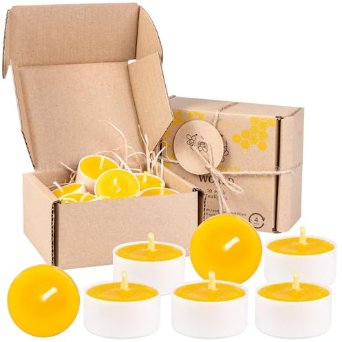 BeesWax World Lot de 10 à 50 bougies chauffe-plat en cire d'abeille avec mèches en coton - 4 heures de combustion - 10 à 50 pièces - Bougies en cire d'abeille avec plastique recyclé (10, Blanc)