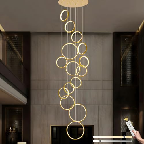 LAMPLAY LED-Kronleuchter Für Lange Treppen, Hoher Decke Mit 15 Golden Ringen Lampe, DIY-Höhenverstellbare Pendelleuchte Für Den Eingangsbereich, Dimmbar Mit Fernbedienung 3000K-6000K