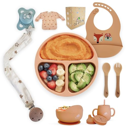 Cute Cubs Vajilla Bebé BLW Premium 7 Piezas – Silicona Alimentaria sin BPA | Plato y Bol con Ventosa + Vaso Evolutivo 4 en 1 | Set Completo +6 Meses – Regalo Ideal Color Melocotón