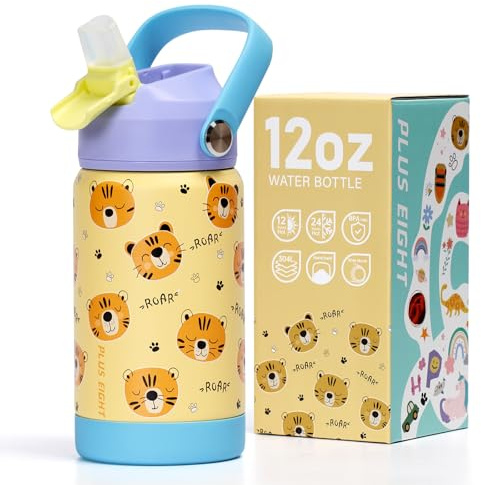 pluseight Kids Insulated Water Bottle with Straw Lid, 12 oz BPA-Free Double Wall Vacuum Tumbler 18/8 Stainless Steel Leak Proof Kids Cups with Straw for School Travel Boys Girls (Tiger)