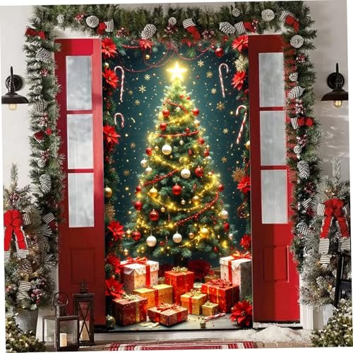 Weihnachts-Türabdeckung, 90 x 180 cm, Türbanner mit Weihnachtsbaum-Muster, vorne hängende Banner, Weihnachtsbaum-Hintergrund für Zuhause, Party-Dekoration