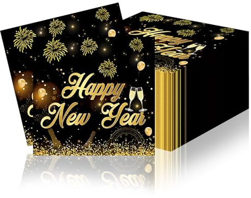QITHGYD 40 Stück Servietten Silvester Deko 2026, Happy New Year Tischdeko, Elegante Silvester Servietten, Schwarz Gold Papierservietten 33x33cm, Festliche Party Supplies Neujahrsdekoration