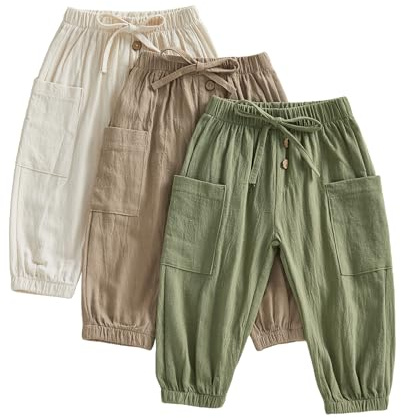 JCOPLY Unisex Baby Trousers Pack of 3 Set Toddler Boys Girls Cargo Pants | Kids Spring Autumn Bottoms, Girls Trousers, Boys Joggers, Cotton Pants, Solid Color Elastic Waist Bottoms, Casual Trousers