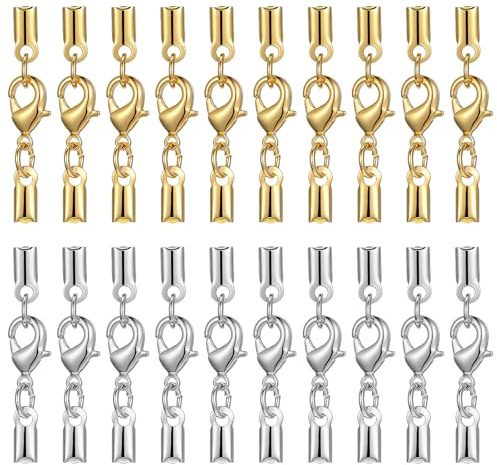 HJZHII 20Pcs Cord End Caps with Lobster Clasp Connector, Stainless Steel Necklace Jewellery Making Lobster Clasps for Necklace, Bracelet, DIY Craft Jewellery Making - 10 Pcs Silver/10 Pcs Gold