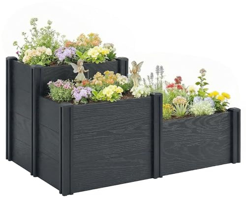 Outsunny - Jardinera elevada, cama de jardín de 3 niveles con fondo abierto, cuadrado huerto de jardín para flores, hierbas, verduras, 120 x 80 x 64 cm, efecto madera gris