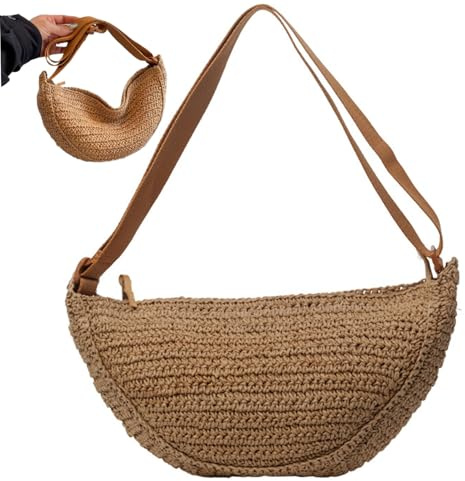 Monetais Sac de Paille Chic Demi-Lune Sac 13x3, 5x8, 7 épaule Plage avec Sangle réglable bandoulière tissé Sacs d'été avec Fermeture éclair pour Femmes Plage à Main en rotin Demi-Lune