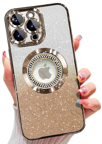 Misscase Magnetic Glitter for iPhone 14 Pro Max Case,Cute Full Protection Slim Shockproof Anti-Scratch Bling Sparkly Case with Camera Lens Protector, Logo View Dust-Proof Net for Women Gold