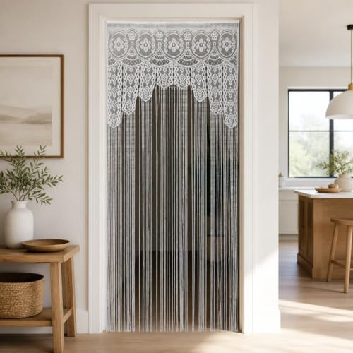 White Macramé Effect String Door Curtain Fly Screen, Lace Top Panel with 5mm Wide Anti Tangle Strands, Tassel Doorway Curtain with Adjustable Pole Room Divider (85 x 200cm)