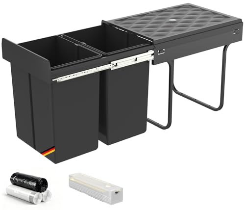 Huracan Poubelle de Cuisine Sous-Meuble Extensible 40L, Poubelle 2 Compartiments, Système de Tri des Déchets pour Cuisine, Poubelle Encastrable, Collecteur de Déchets pour Meuble de Cuisine, Seau