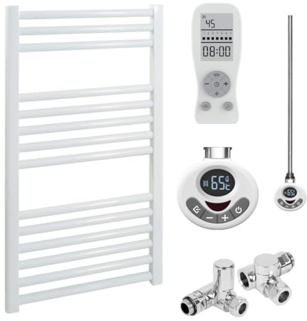 Bray Straight White R3 Dual Fuel Thermostatic Heated Towel Rail/Warmer/Radiator With Timer, Remote. Round Tube Ladder Design, 800 x 500