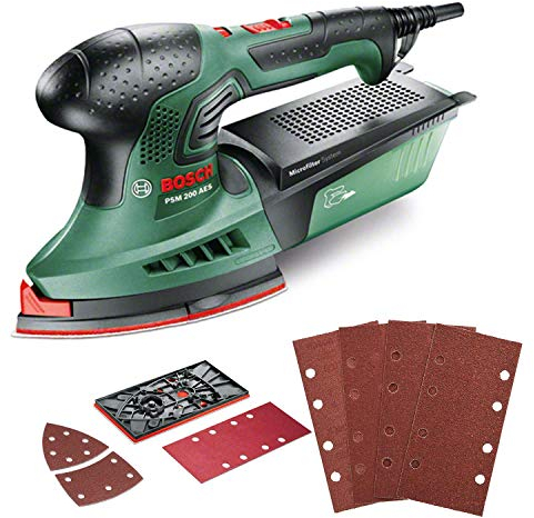 Bosch Multi Schleifmaschine PSM 200 AES (200 Watt, im Koffer) + 25tlg. Schleifblatt Set-1, verschiedene Materialien für Schwingschleifer (Körnung 40/60/80/120, 8 Löcher)