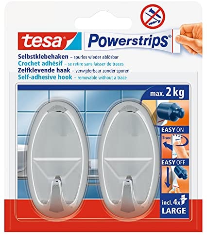 tesa Powerstrips Haken Large OVAL - Selbstklebender Wandhaken für Glas, Kacheln, Holz, Kunststoff und andere Untergründe - Chrom