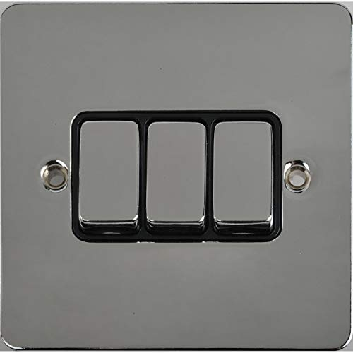 Schneider Electric Ultimate Flat Plate - 3 Gang Rocker 2 Way Light Switch, Single Pole, 16AX, GU1232BPC, Polished Chrome with Black Insert