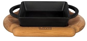 Lava Cookware Quadratischen Teller und Holzplatter, Abmessungen 12x12cm, Gusseisen, schwarz, 12 cm