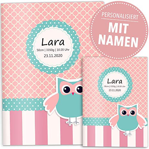 OLGS U-Heft- und Impfpasshülle Set | Eule | Hochwertige Hüllen für Kinder Untersuchungsheft & Impfpass | Geschenkidee mit Namen, Geburtsdatum (U-Heft Set personalisiert, Eule)