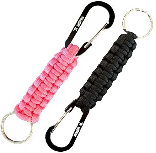 Kadactive Schlüsselanhänger Paracord Outdoor Camping mit Karabinerhaken 2 Stück (Schwarz Pink)