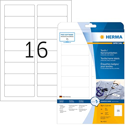 HERMA 4515 Namensetiketten ablösbar, 20 Blatt, 88,9 x 33,8 mm, 16 pro A4 Bogen, 320 Stück, selbstklebend, bedruckbar, rückstandsfrei abziehbare Acetatseide Namensaufkleber Etiketten, weiß