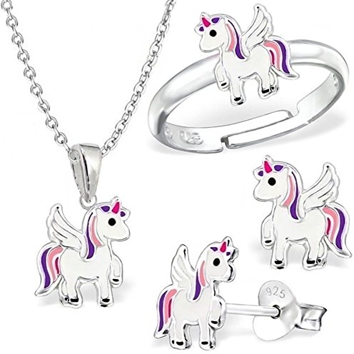Goldene Hufeisen Mini klein Einhorn Set Ring Anhänger Kette Ohrstecker Silber 925 Kinder Mädchen Pegasus Pferd