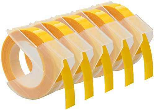 Cartridges Kingdom 5 Prägebänder 3D 9 mm x 3 m Weiss auf Gelb | kompatibel für Dymo Omega und Junior Etikettenprägegerät für den Heimbedarf | Kunststoff, Selbstklebend