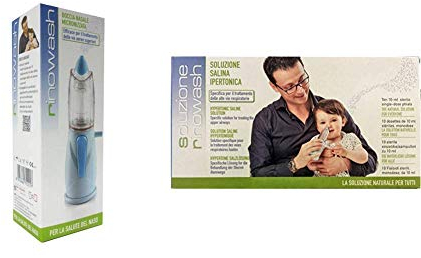Air Liquide Healthcare, RINOWASH + SOLUZIONE RINOWASH, Doccia Nasale Micronizzata con Soluzione Salina per il Trattamento delle Cavità Nasali, per Adulti e Bambini, 10 Flaconcini Monodose da 10 ml