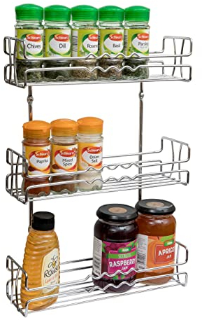 Amtido Spice Rack for Inside Cupboard Door Mount or Wall Mounted - Kitchen Storage Organiser, Space Saving Solution Unit for Herbs, Jars and Small Sauce Bottles - Hardware Included – 3 Tier Chrome