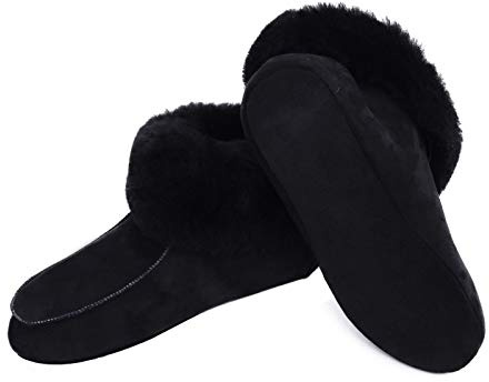 Moro-Design Lammfell Leder Hüttenschuhe Mokassin Hausschuhe Pantoffeln Fell Schwarz Gr.36-47