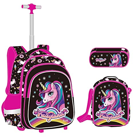 Rucksäcke Mädchen Schultaschen Trolley, Grundschule Trolley Rucksack mit Lunch Tasche Federmäppchen 4 in 1 Schultaschen-Sets Ideal für Kinder Schüler der Klassen 2-6