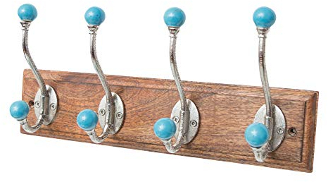 Knober Garderobenleiste Teak Holz massiv Kleiderhaken Gusseisen Haken Garderobenhaken Rustikal Antik Shabby (Garderobenleiste Keramik blau Holz 4 Haken 46x8,5cm Doppelhaken …)