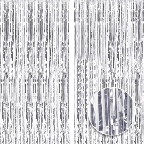 2pcs 3ft X 8.3ft Silver Tinsel Glitter Curtain，Foil Fringe Curtain Aluminum Foil Flow Silk Curtain Background Streamer Birthday Party Wedding Holiday Backdrop Decoration