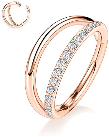 AROWRO Double Open Stack Septum Clicker Nose Rings Conch Daith Piercing Jewellery Cartilage Earring Hoop Surgical Steel Conch Daith Helix Rook Lobe Earring 18G 16G, Rose Gold Zircon Stainless Steel
