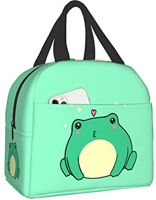 Kawaii - Fiambrera con diseño de rana verde bento con aislamiento, reutilizable, impermeable, con bolsillo frontal, para viajes, oficina, picnic