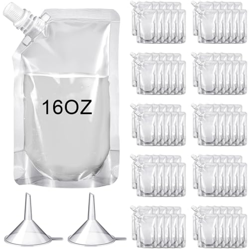 Meanplan 100 bolsas de plástico reutilizables a granel a prueba de fugas, bolsas de jugo con embudo para viajes, adultos, mujeres y hombres (boca inclinada, 16 onzas)