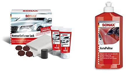 SONAX Aktionsset KratzerEntferner Lack (2 x 25 ml) beseitigt Kratzer und Schrammen aus Klarlacken & AutoPolitur (500 ml) für neuwertige, Matte und leicht verwitterte Bunt- und Metallic-Lacke