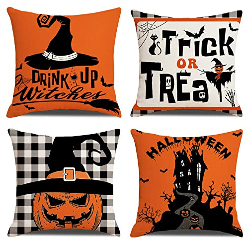 OCEUMACO Leinen Kissenbezug 40x40 Herbst Halloween Kissenhülle 4er Set Quadratisch Sofakissen Dekokissen Bezug für Couch Sofa Kürbis Kissen Kissenbezüge Deko Couchkissen Zierkissen - Orange