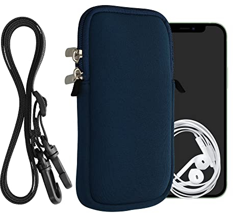 kwmobile Handytasche für Smartphones XL - 6,7/6,8 - Neopren Handy Hülle Marineblau mit Kordel - Handy Tasche mit Handykette 17,2 x 8,4 cm Innenmaße