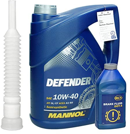 MANNOL Motoröl Defender SAE 10W-40 API SL/CF 5L Teilsynthetisch Motorenöl + MANNOL Bremsflüssigkeit DOT-4 Brake Fluid 0,5L inkl. Ausgießer und Ölwechselanhänger