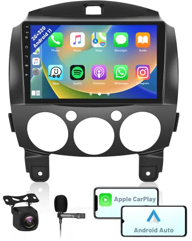 Hikity Android 15 Autoradio mit Navi für Mazda 2 2007 2008 2009 2010 2011 2012 2013 2014, 2+32GB, 9 Zoll Autoradio Bluetooth mit Carplay Android Auto HiFi GPS BT RDS FM SWC Mic Rückfahrkamera