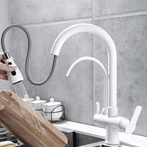 Küchenarmatur 3 Wege mit Brause Ausziehbar, Wasserhahn Küche Drehgelenk Messing Trinkwasser Waschbeckenhahn 3 in 1 Mischbatterie Küche-Weiß