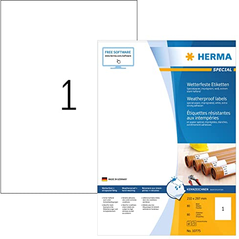 HERMA 10775 Wetterfeste Etiketten imprägniert, 80 Blatt, 210 x 297 mm, 1 Stück pro A4 Bogen, 80 Aufkleber, selbstklebend, bedruckbar, matt, blanko Outdoor Klebeetiketten aus Spezialpapier, weiß