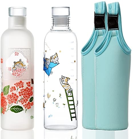 TDN Bouteille d'eau en verre borosilicate, Lot de 2 500 ml, Réutilisable, Émail sérigraphié, Sans BPA, Étanche, Compatible Lave-Vaisselle, Pour gym, Bureau, Boissons chaudes et froides (Chat)
