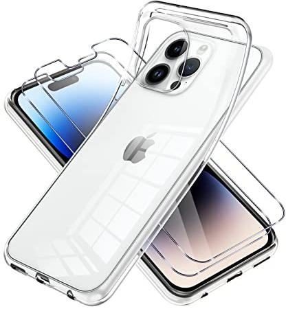 Vauki Custodia trasparente per iPhone 14 Pro Max, con pellicola protettiva, 2 pezzi, ultra sottile in silicone trasparente e pellicola protettiva per lo schermo, sottile e morbida, resistente agli