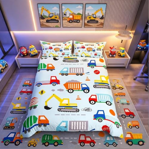 Juego de ropa de cama de construcción de dibujos animados, juego de funda de edredón para niños, adolescentes, excavadora de coche, tractor, funda de edredón para vehículos de construcción, cubierta