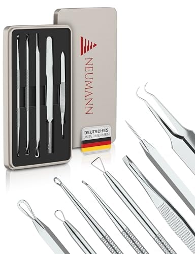 NEUMANN® Juego de extractores de puntos negros (acero inoxidable) para eliminar espinillas, blackheads & co. - Exprimidor de comedones, levantadores, removedores - Varias herramientas: eslingas,