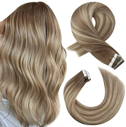 Moresoo Invisible Tape in Extensions Echthaar Hellbraun 45 cm Tape Extensions Kastanienbraun mit Goldblond Echthaar Extensions Tape Klebe Extensions Haare Extensions 20 Stück 50g/Pack #8/22/8