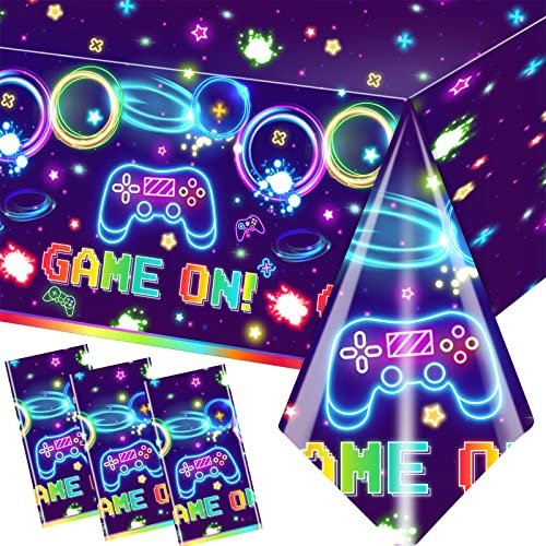 Pymurod Videospiel-Party-Dekorationen, 3 Stück, Spiel-on-Videospiel-Tischdecke, Neon-Tischdecken für Kinder, Jungen, Mädchen, coole Gaming-Geburtstagsparty-Tischdecken