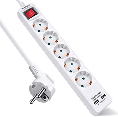 EXTRASTAR Regleta Enchufe con 5 Tomas y 2 Puertos de USB, Alargador Enchufe con Interruptor, 1.5 m, para El Hogar, La Oficina y Los Viajes, 3680W, Blanco, 1pc