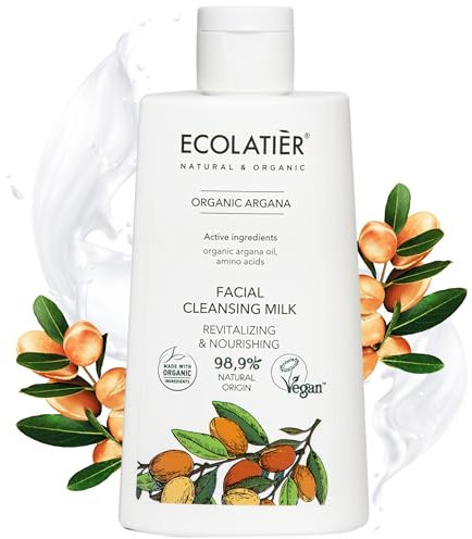 Revitalisierende & nährende Gesichtsreinigungsmilch mit Bio-Arganöl ECOLATIER, 250ml - 98,9% natürlich, vegan - Reinigt & nährt für strahlende Haut, mit Aminosäuren
