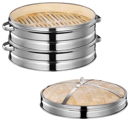 Vaporera de bambú de 20 cm, vaporizador de dos niveles para alimentos con tapa, ideal para cocina asiática, bollos, albóndigas, verduras, pescado