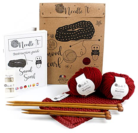 NEEDLE IT® Anfänger Wolle Halsband Strickset mit Stricknadeln - Snood zum Selberstricken - Für Kinder und Erwachsene - Geschenkidee - Kreatives Hobby - Rot